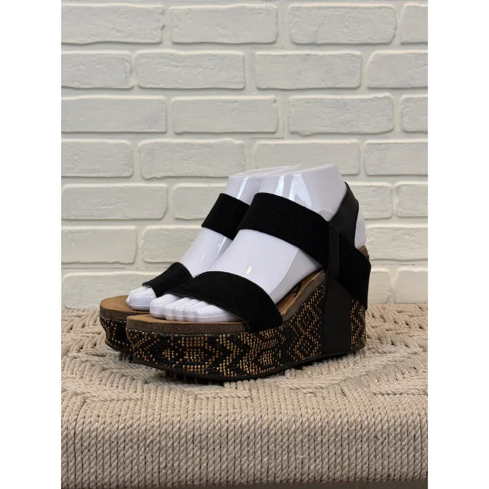 OTBT Bushnell Platform Wedge Sandals Black Calf Hair Size 7